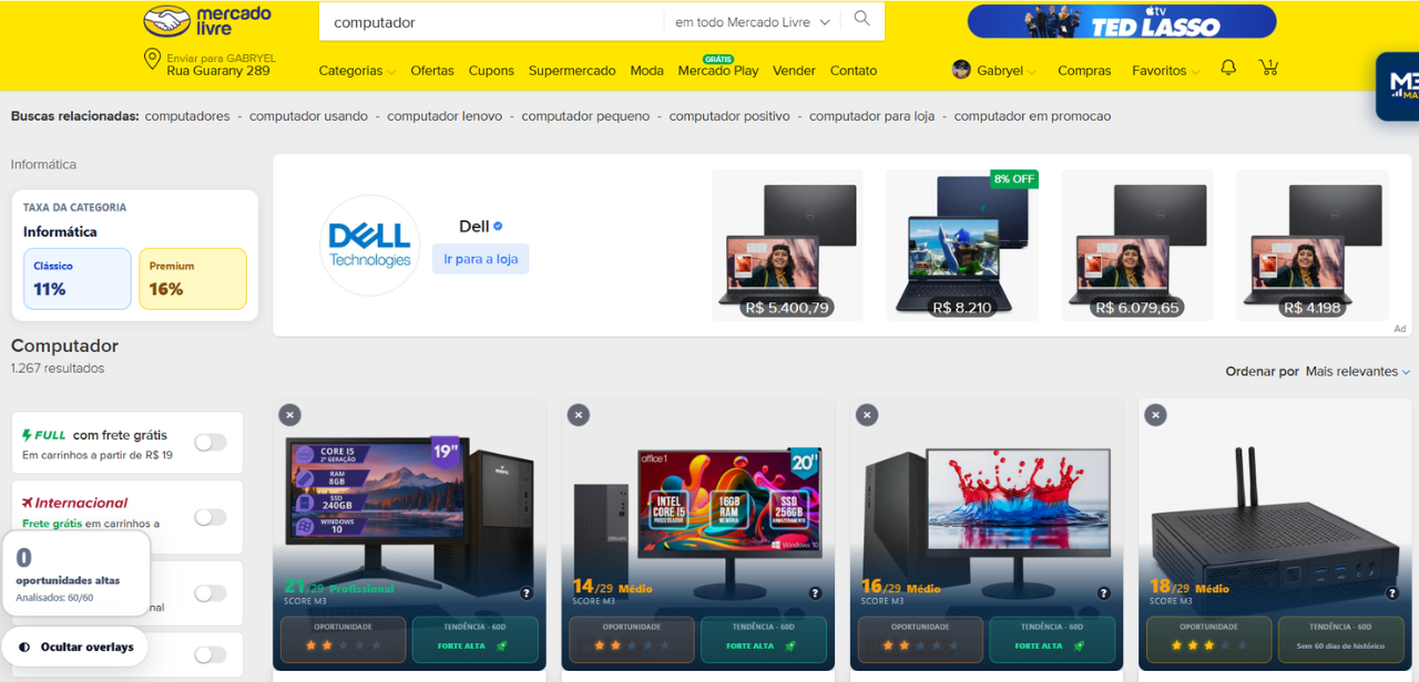 Resultados de busca do Mercado Livre com os overlays de Score M3, oportunidade e tendência aplicados pela extensão